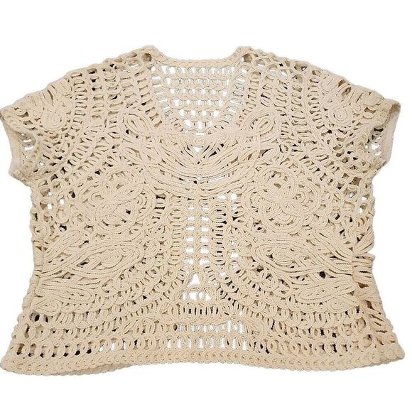 Crochet Knit Heavy Short Sleeve Cardigan Women's One Size Cream Art To Wear 100% - Picture 10 of 10